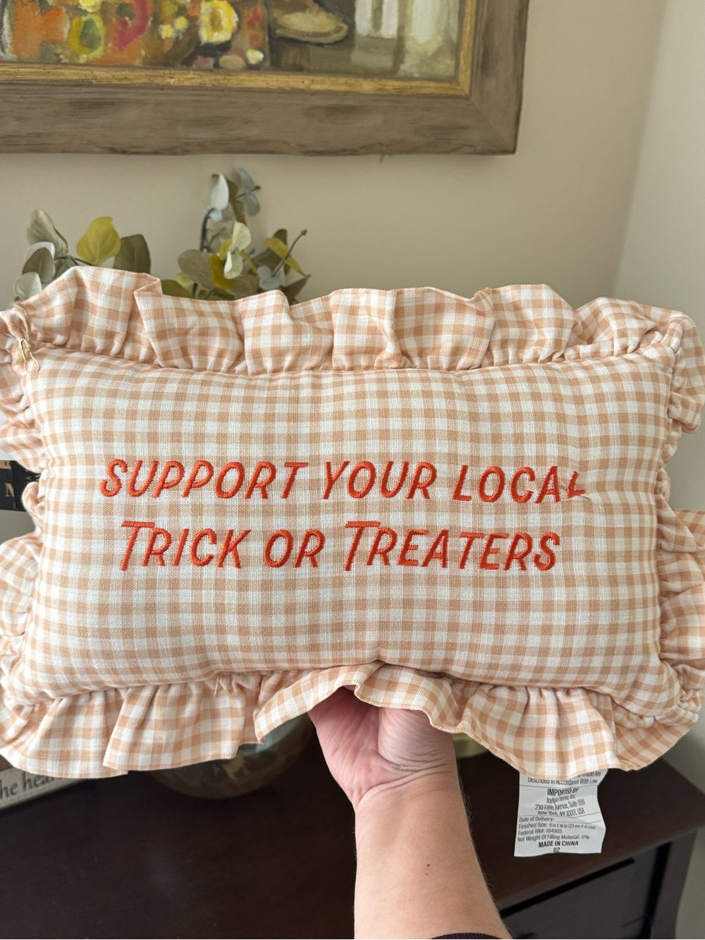 “Support Your Local Trick or Treaters” Gingham Decorative Pillow